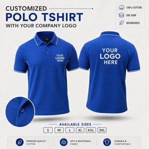 Dark Navy custom premium cotton polo T-shirt with company logo, front and back product view
