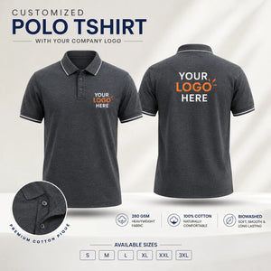 Red custom premium cotton polo T-shirt with company logo, front and back product view