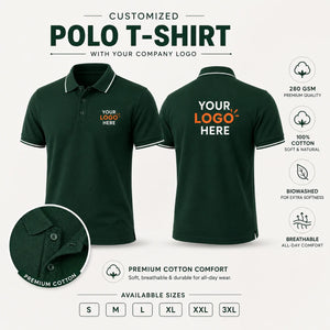 Bottle Green custom premium cotton polo T-shirt with company logo, front and back product view