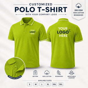 Lime Green custom premium cotton polo T-shirt with company logo, front and back product view