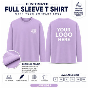 Lavender custom 190 GSM bio-washed full sleeve cotton T-shirt for corporate logo printing