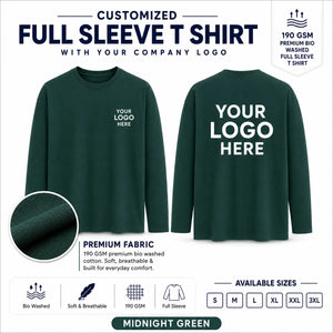 Midnight Green custom 190 GSM bio-washed full sleeve cotton T-shirt for corporate logo printing