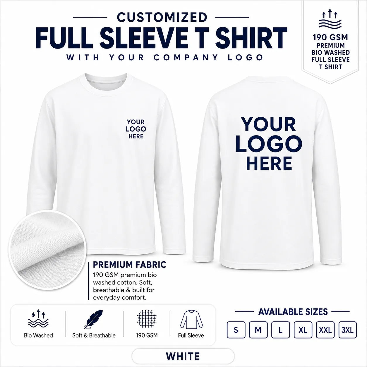 White custom 190 GSM bio-washed full sleeve cotton T-shirt for corporate logo printing
