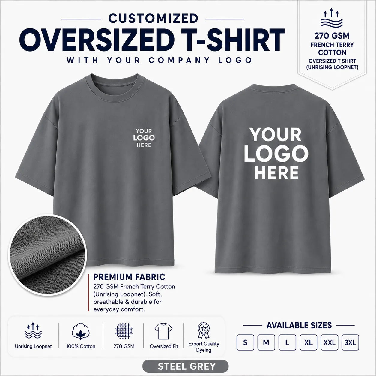 Steel Grey custom 270 GSM French Terry oversized T-shirt for company logo printing