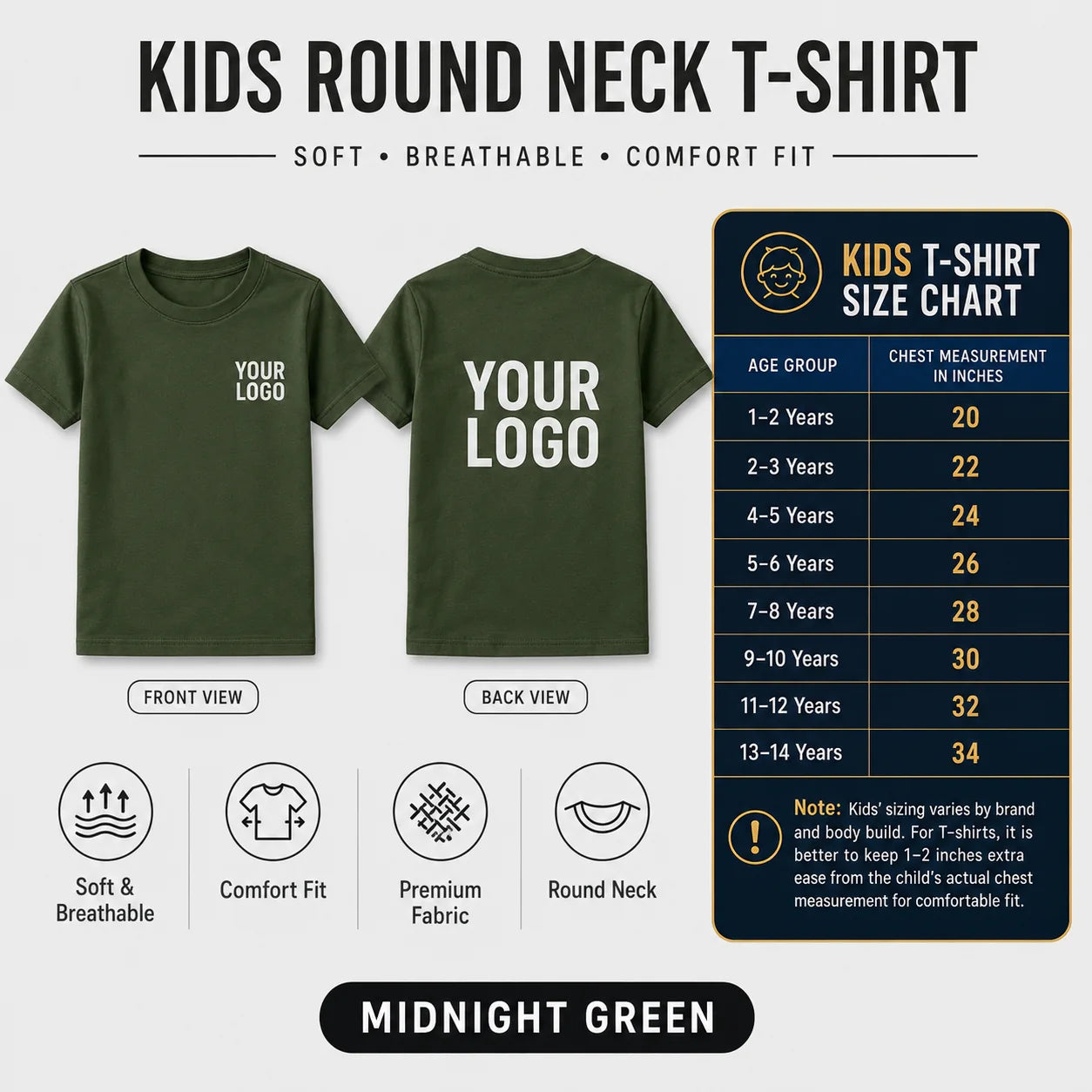 Kids round neck custom T-shirt in Midnight Green