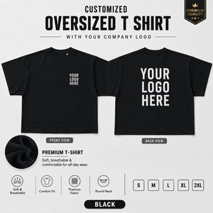 Black custom premium oversized t-shirt showing front and back logo placement