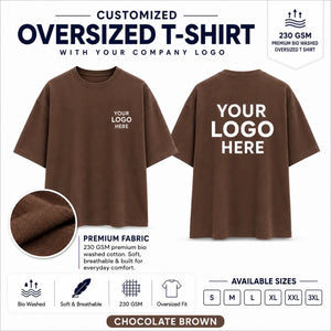 Chocolate Brown 230 GSM custom oversized T-shirt with front and back company logo placement