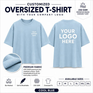Cool Blue 230 GSM custom oversized T-shirt with front and back company logo placement