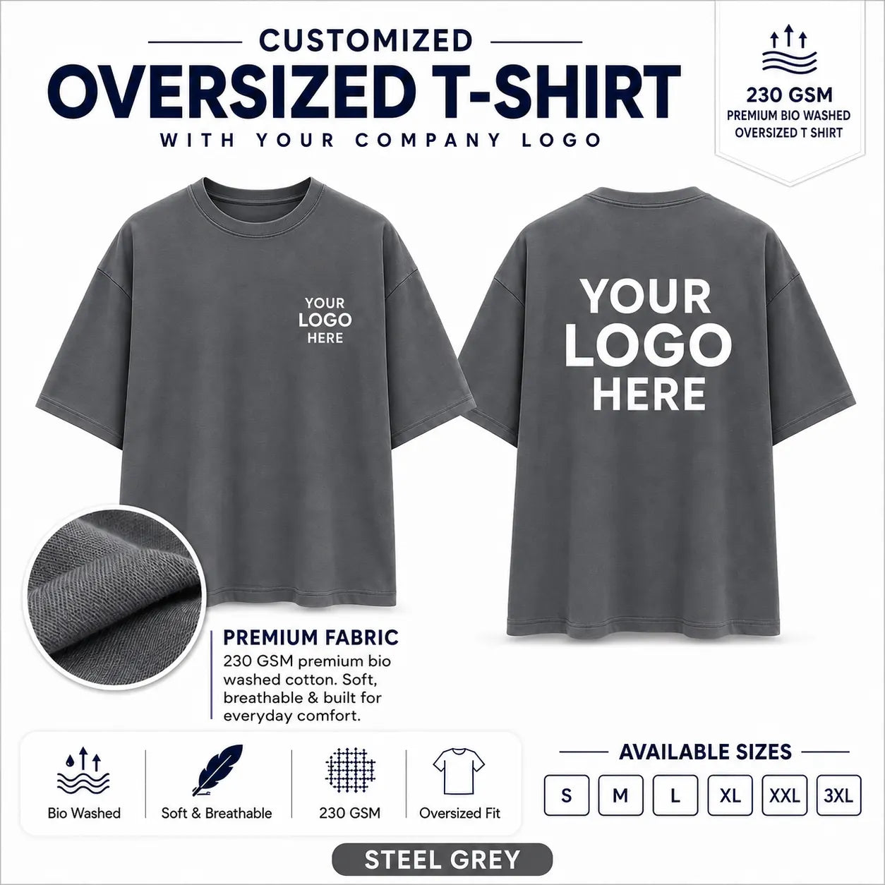 Steel Grey 230 GSM custom oversized T-shirt with front and back company logo placement