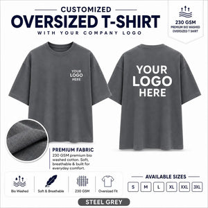 Steel Grey 230 GSM custom oversized T-shirt with front and back company logo placement