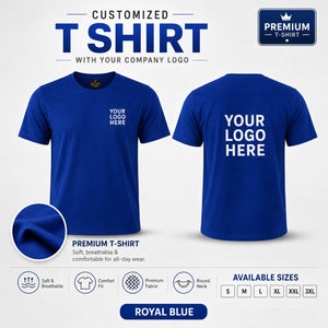 Royal Blue custom premium round neck t-shirt showing front and back logo placement
