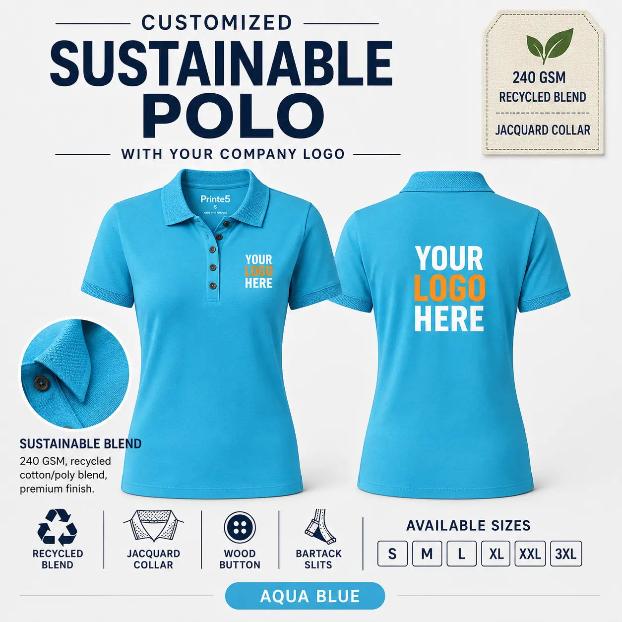 Women’s Custom Recycled Cotton Jacquard Polo T-Shirt – 240 GSM - Aqua Blue