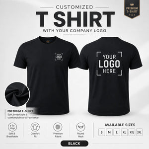 Black custom premium round neck t-shirt showing front and back logo placement