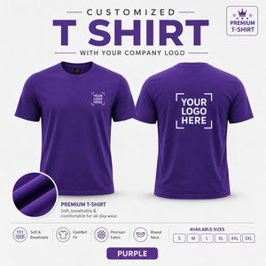 Purple custom premium round neck t-shirt showing front and back logo placement