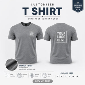 Grey Melange custom premium round neck t-shirt showing front and back logo placement