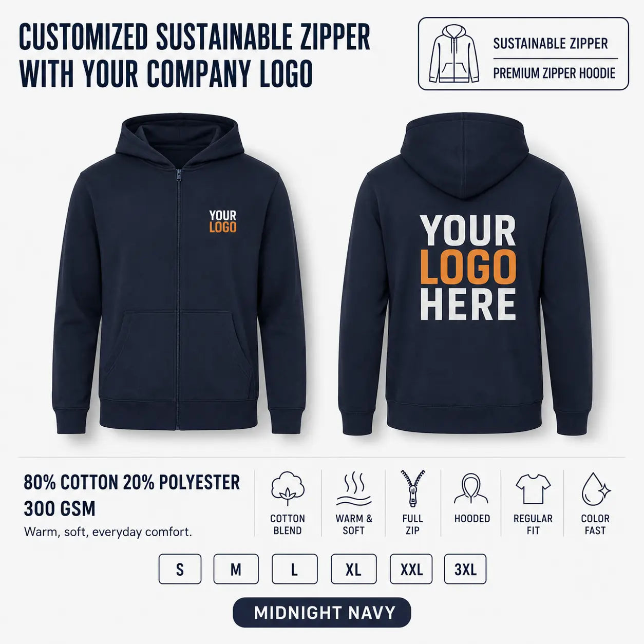 Custom Recycled Cotton Full-Zip Hoodie – 300 GSM - Midnight Navy