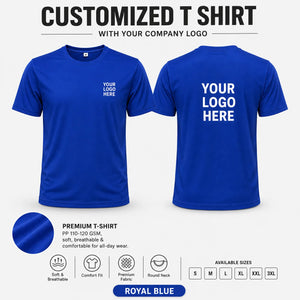 Royal Blue custom pp round neck t-shirt - 110-120 gsm showing front and back logo placement