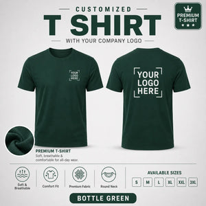 Bottle Green custom premium round neck t-shirt showing front and back logo placement