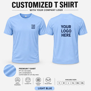 Light Blue custom pp round neck t-shirt - 110-120 gsm showing front and back logo placement
