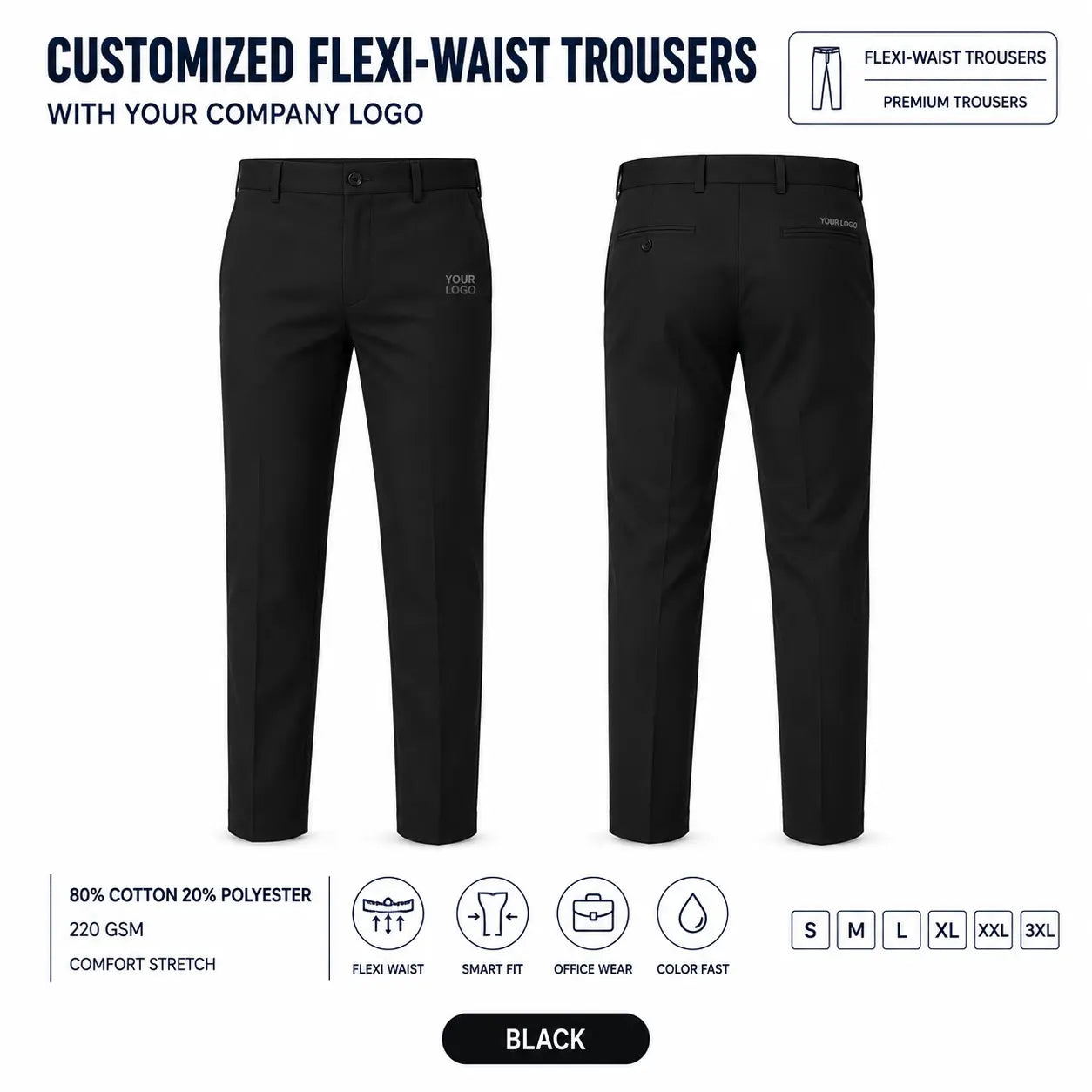 Custom Flexi-Waist Uniform Trousers – 390 GSM - Black
