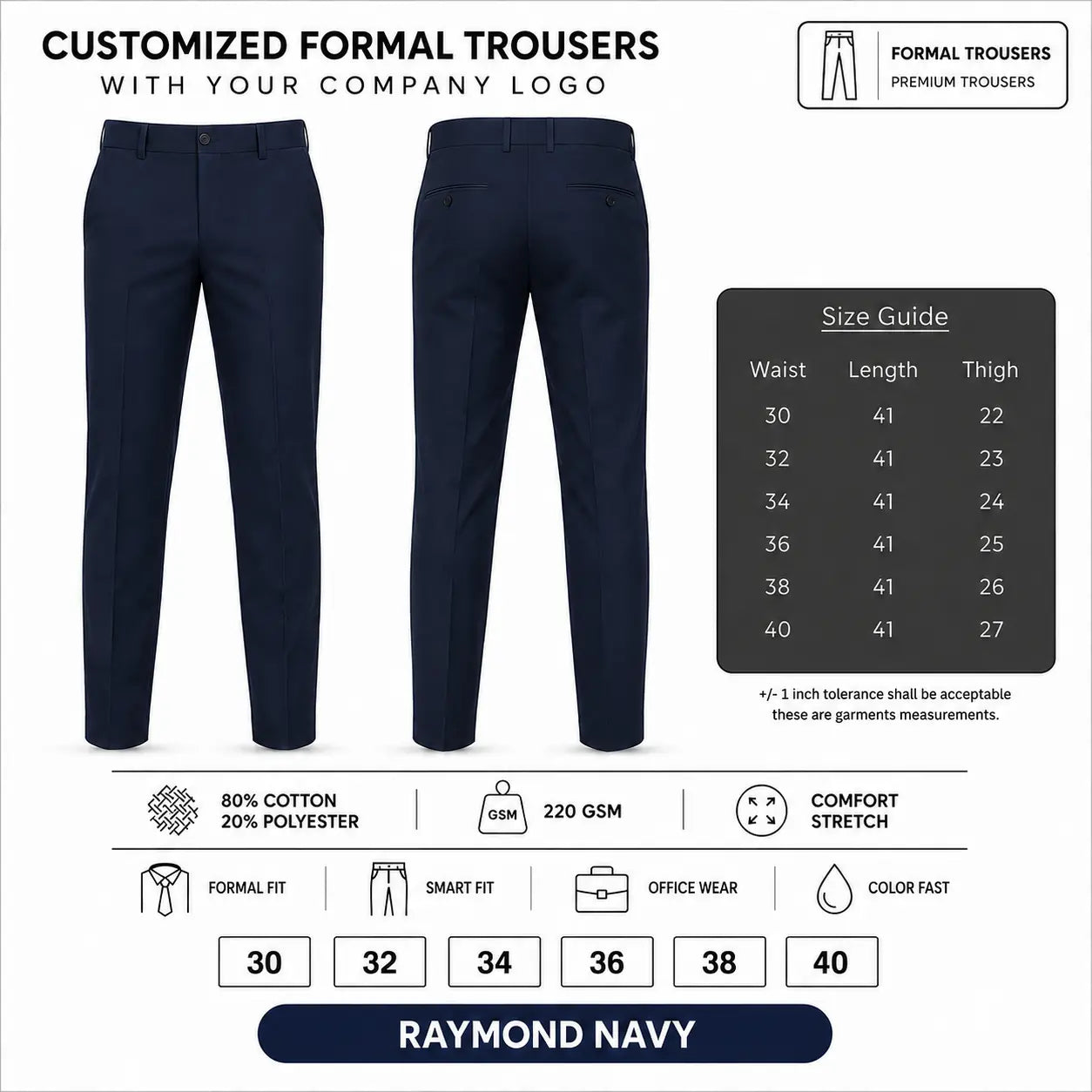 Custom Formal Uniform Trousers – 345 GSM - Raymond Navy