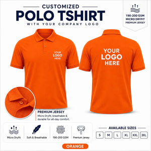 Orange custom micro dryfit polo t-shirt - 190-200 gsm showing front and back logo placement