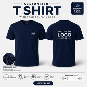 Navy Blue custom premium round neck t-shirt showing front and back logo placement