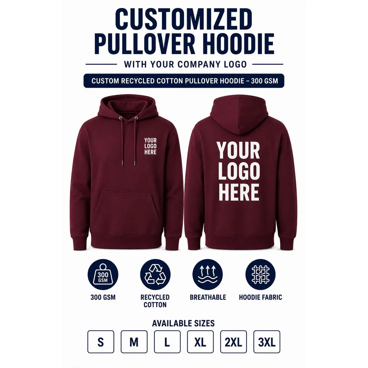 Custom Recycled Cotton Pullover Hoodie – 300 GSM - French Wine