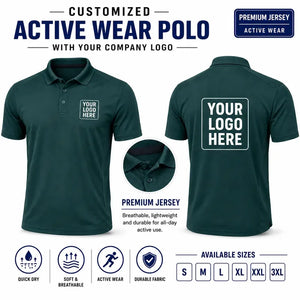 Dark Green Teal custom active wear polo t-shirts with company logo, front and back product view for company logo customization