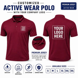 Maroon Red custom active wear polo t-shirts with company logo, front and back product view for company logo customization