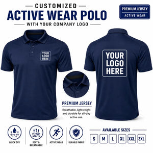 Navy Blue custom active wear polo t-shirts with company logo, front and back product view for company logo customization