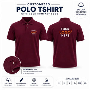 Maroon custom 240 gsm cotton polo t-shirts with company logo, front and back product view for company logo customization