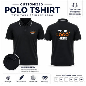 Black custom micro dryfit polo t-shirts with company logo, front and back product view for company logo customization