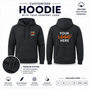 Charcoal custom 300 gsm pullover hoodies with company logo, front and back product view for company logo customization