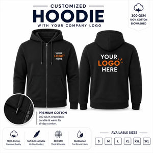 Black custom 300 gsm zip hoodies with company logo, front and back product view for company logo customization