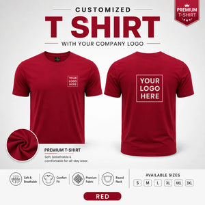 Red custom premium round neck t-shirt showing front and back logo placement