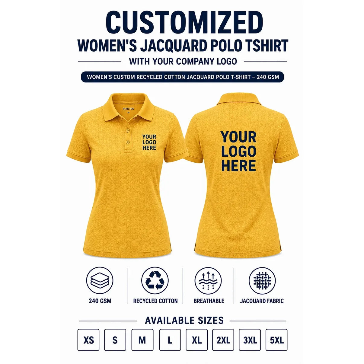 Women’s Custom Recycled Cotton Jacquard Polo T-Shirt – 240 GSM - Sunrise Yellow