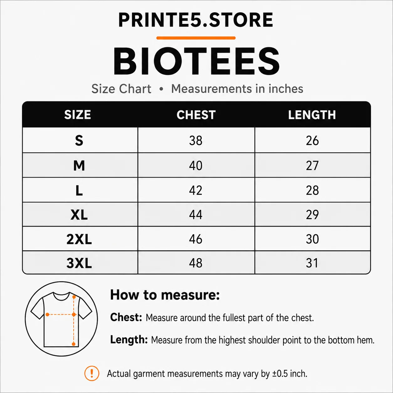 Custom Premium Men Round Neck T-Shirt with Your Logo - 190 GSM size guide