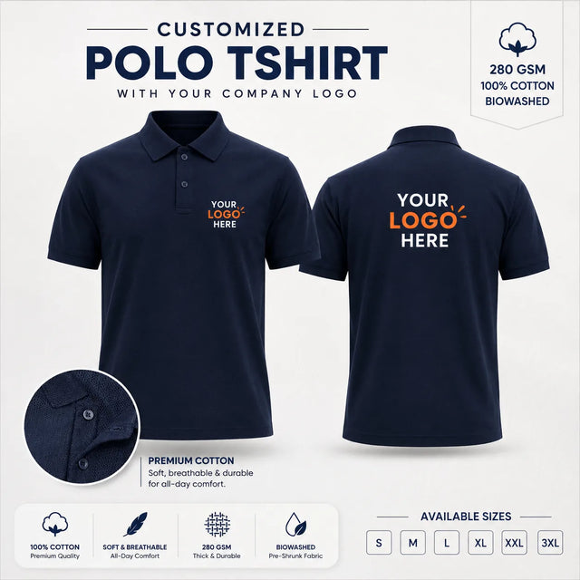 Navy custom premium cotton polo T-shirt with company logo, front and back product view