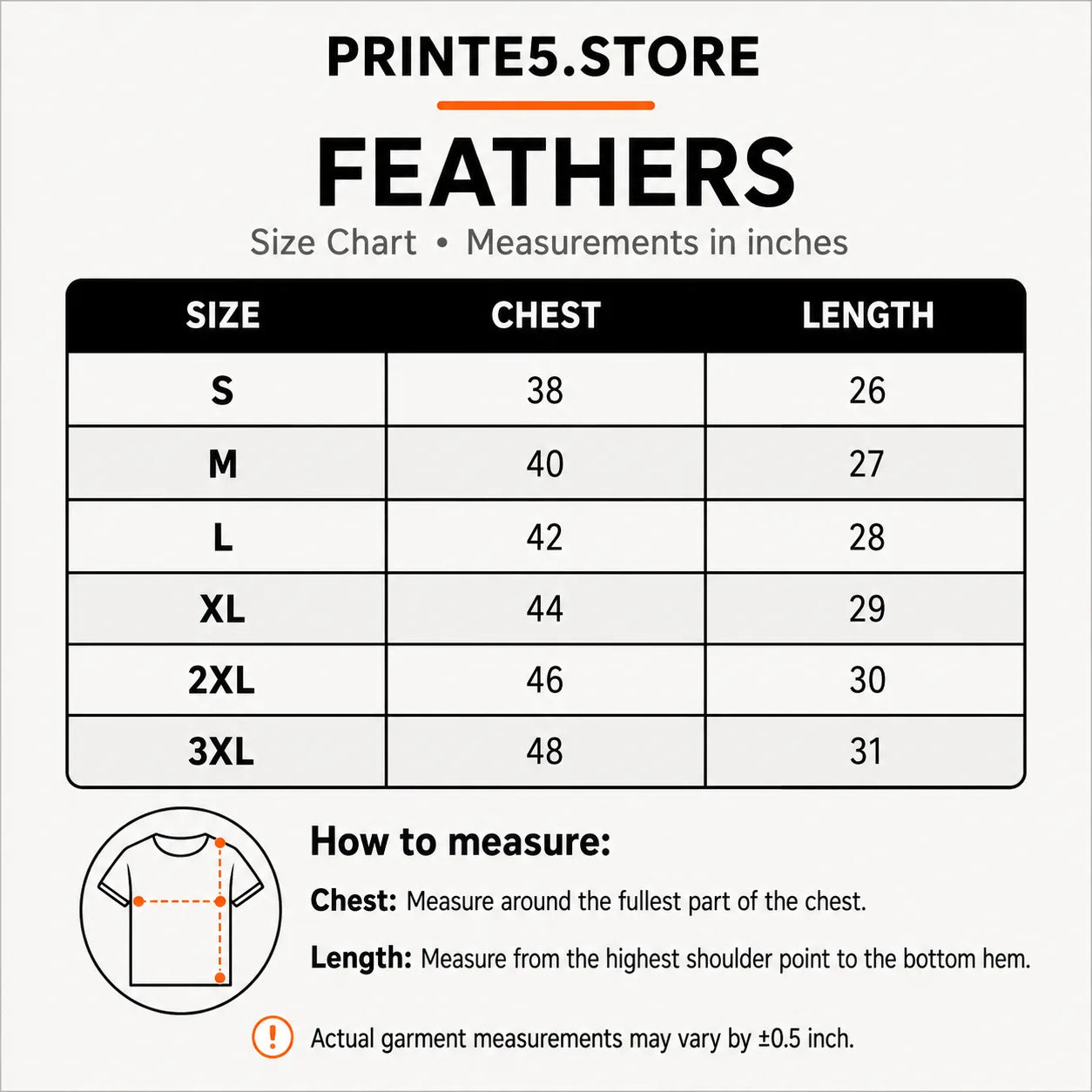 Custom Premium Round Neck T-Shirt - Ring Spun Cotton size guide
