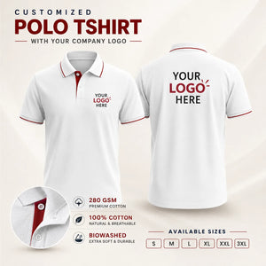 White / Red Border custom premium cotton polo T-shirt with company logo, front and back product view