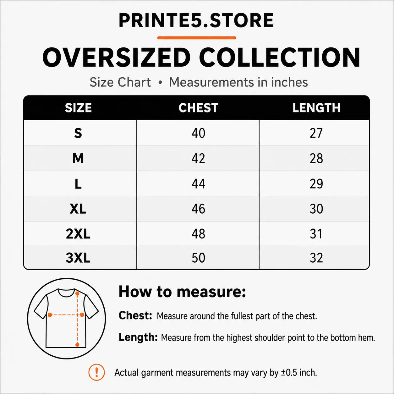 Custom Premium Oversized T-Shirt size guide