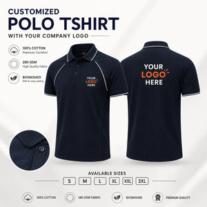 White custom premium cotton polo T-shirt with company logo, front and back product view