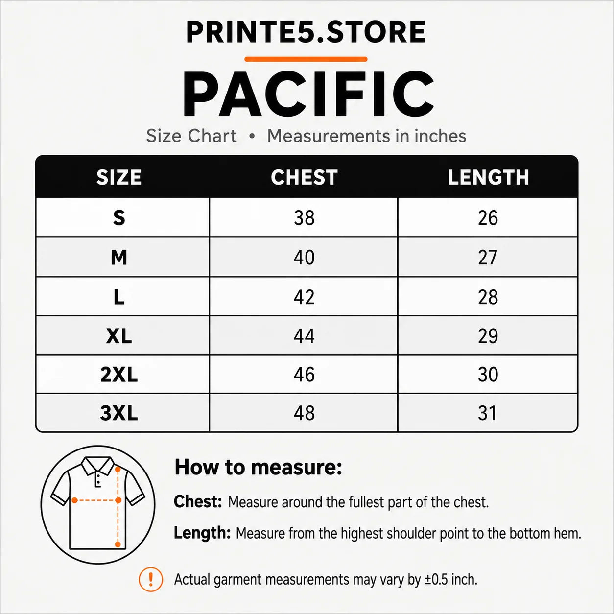 Custom Micro Dryfit Pacific Polo T-Shirt - 190-200 GSM size guide