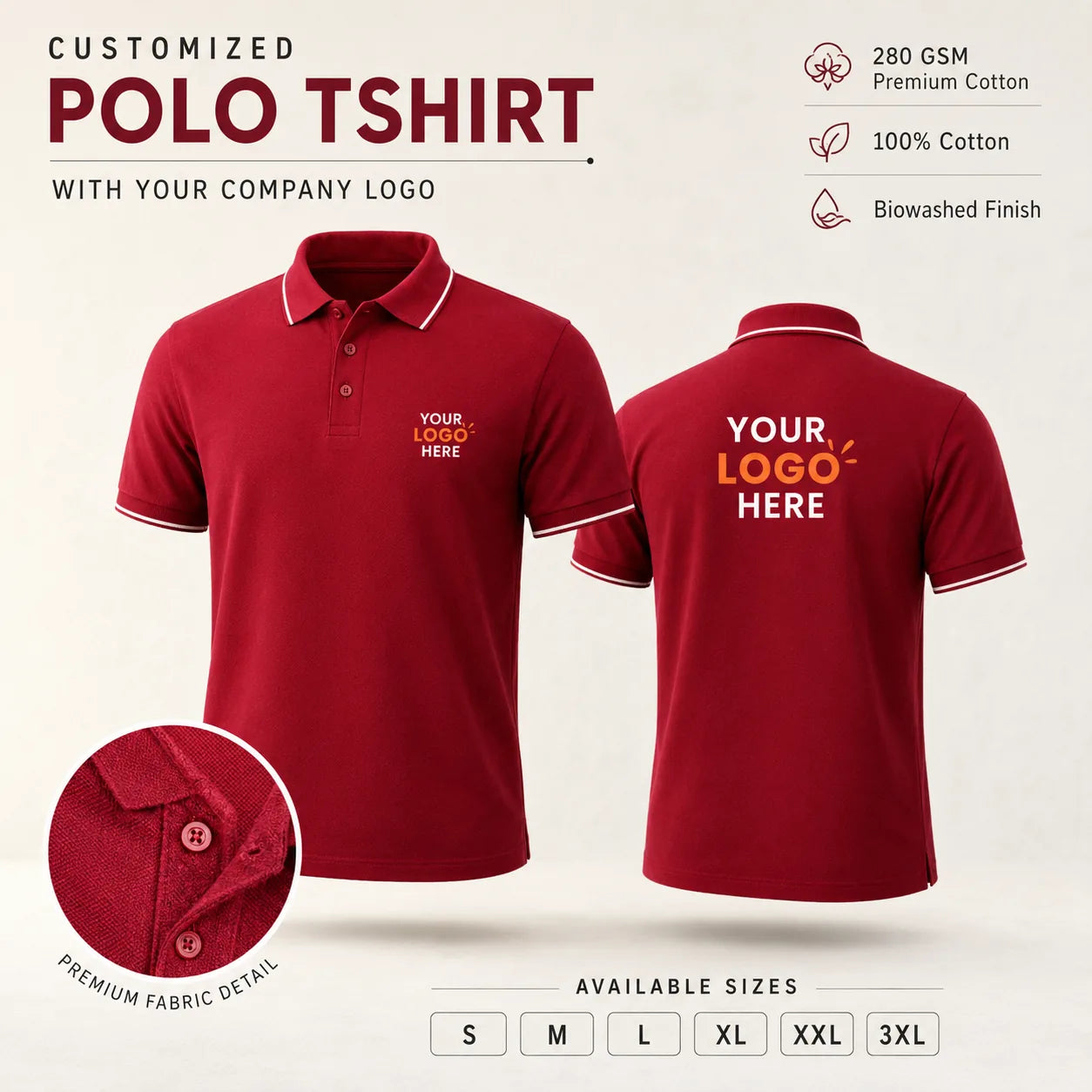 Royal Blue custom premium cotton polo T-shirt with company logo, front and back product view