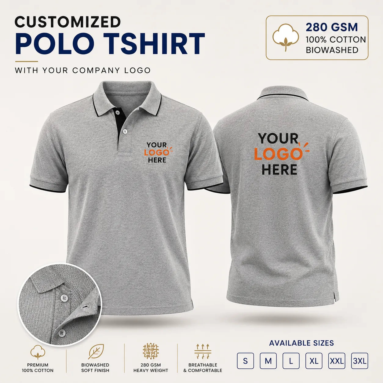 Sapphire Blue custom premium cotton polo T-shirt with company logo, front and back product view