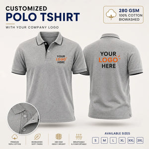 Sapphire Blue custom premium cotton polo T-shirt with company logo, front and back product view