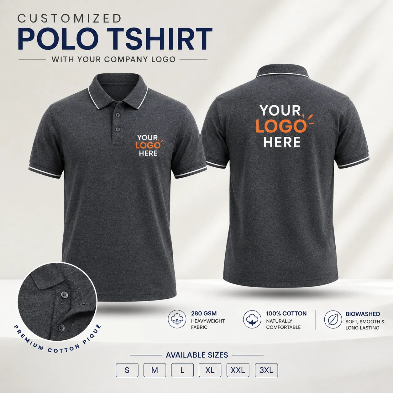 Red custom premium cotton polo T-shirt with company logo, front and back product view