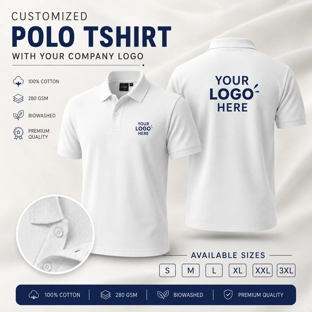 Grey Melange / Black Border custom premium cotton polo T-shirt with company logo, front and back product view