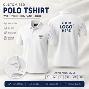 Grey Melange / Black Border custom premium cotton polo T-shirt with company logo, front and back product view